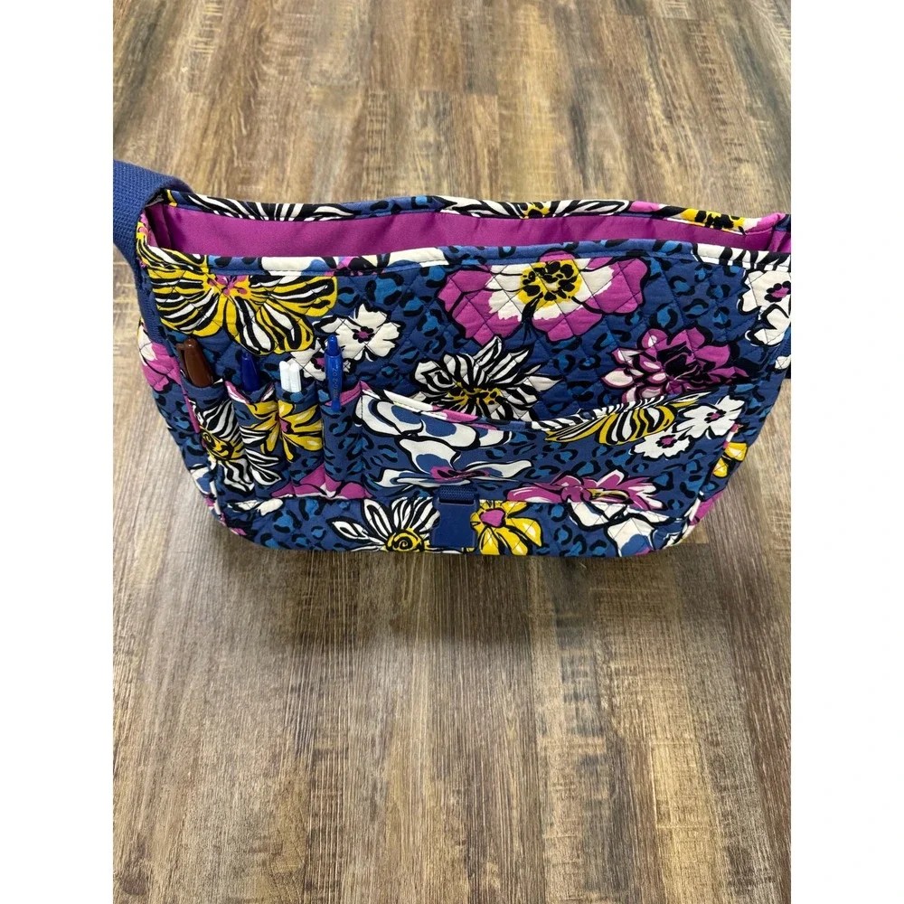 Vera Bradley Floral Leopard Quilted Cotton Messenger Bag Blue Pink Crossbody